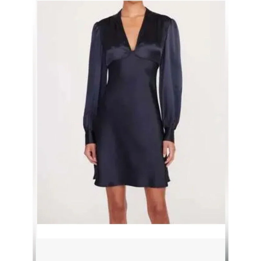 STAUD Navy Satin V-Neck Long-Sleeve Mini Dress - Picture 2 of 10